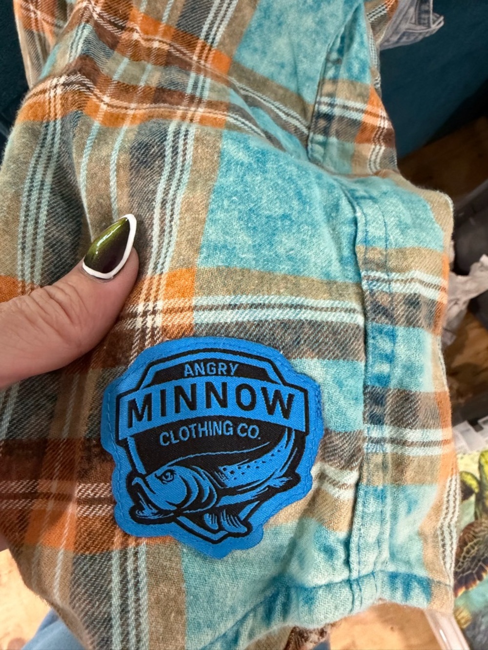 Angry Minnow Vintage Beach Print Plaid Flannel - Turquoise & Orange - Large - Picture 3 of 4